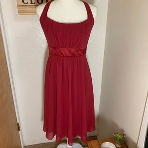Red chiffon halter midi dress